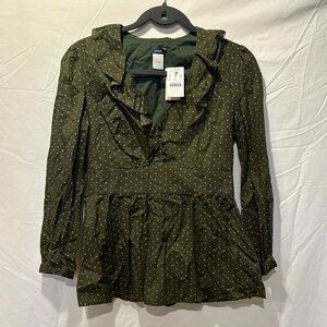 NWT J. Crew Womens Green Polka Dot Ruffle Blouse Peplum Hem Shirt Top Size 8